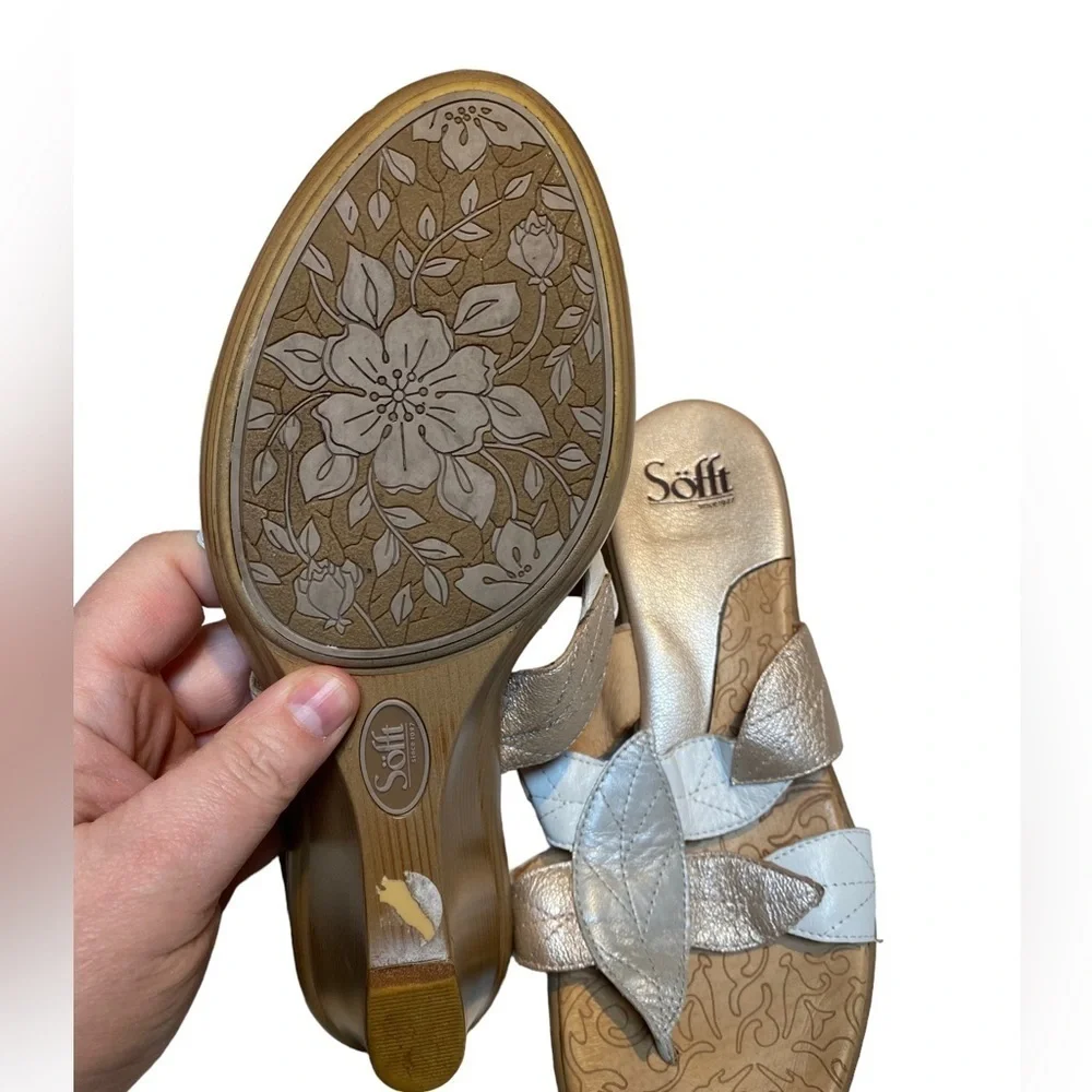 Sofft silver white gold leather leaf slip on low heeled thong sandals 10M